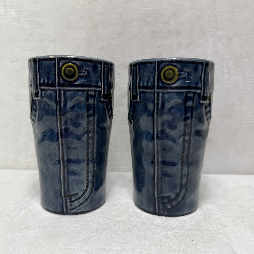 Vintage 1977 Denim Jeans Signed Ceramic Tumblers Set of‎ 2 Blue Stoneware